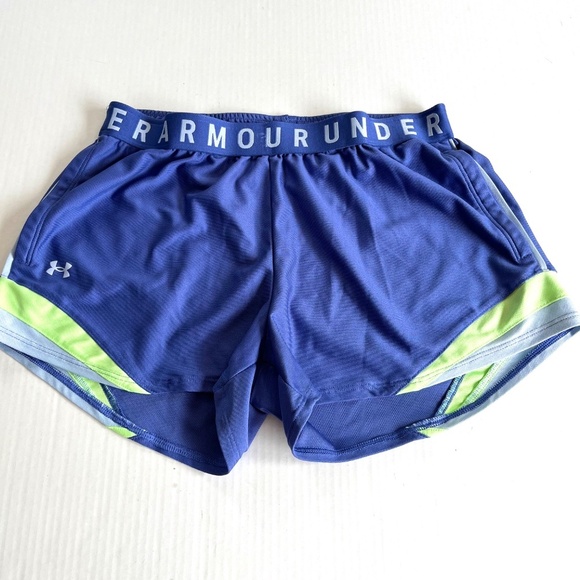 Under Armour Sz M Purple Neon Lime Womens Running Pockets Shorts Stretch Pull On - Picture 2 of 9